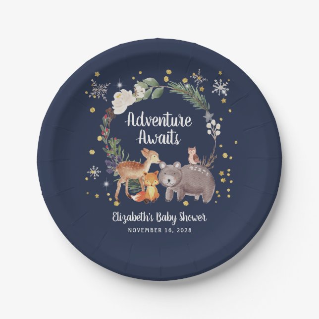 Woodland Animals Winter Baby Shower Paper Plate (Front)