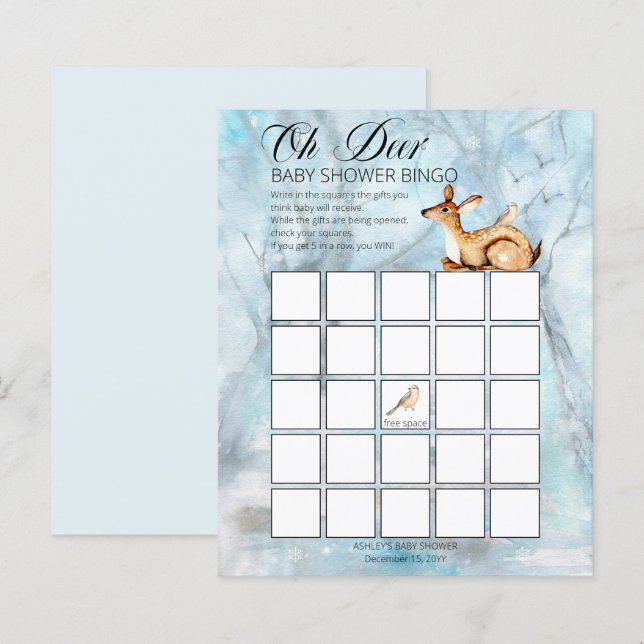 Woodland Animals Winter Boy Baby Shower Bingo Card (Front/Back)