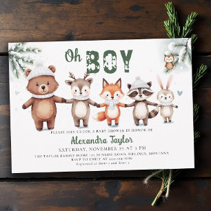 Woodland Animals Winter Green Oh Boy Baby Shower Invitation