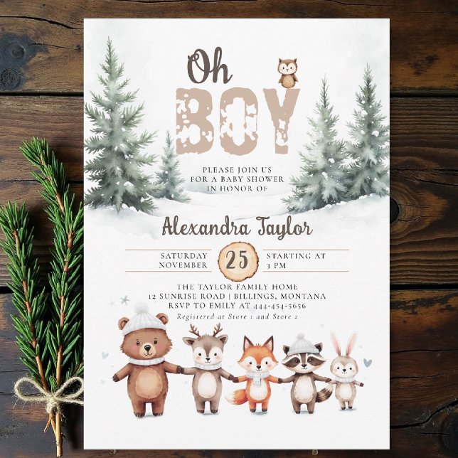 Woodland Animals Winter Oh Boy Baby Shower Invitation (winter baby shower invitation oh boy cute woodland animals watercolor snow cold pine forest)