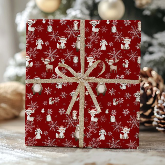 Woodland Animals Winter Wonderland Decoupage Red Wrapping Paper (Creator Uploaded)
