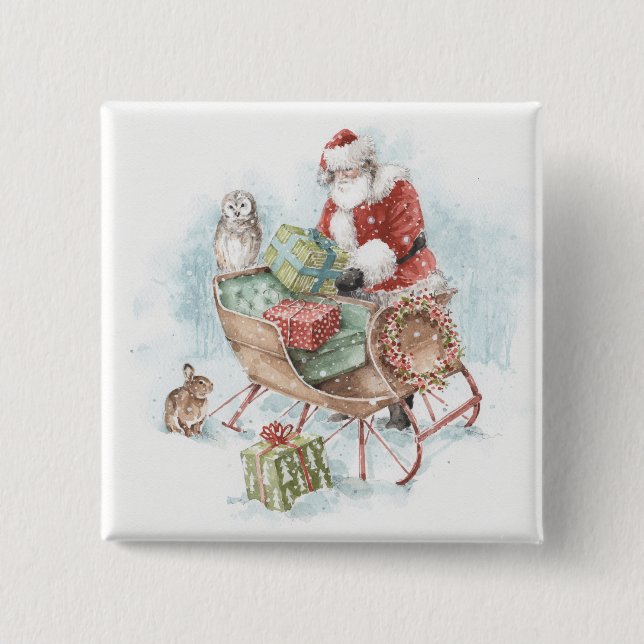 Woodland Animals with Santa Claus and His Sleigh 15 Cm Square Badge (Front)