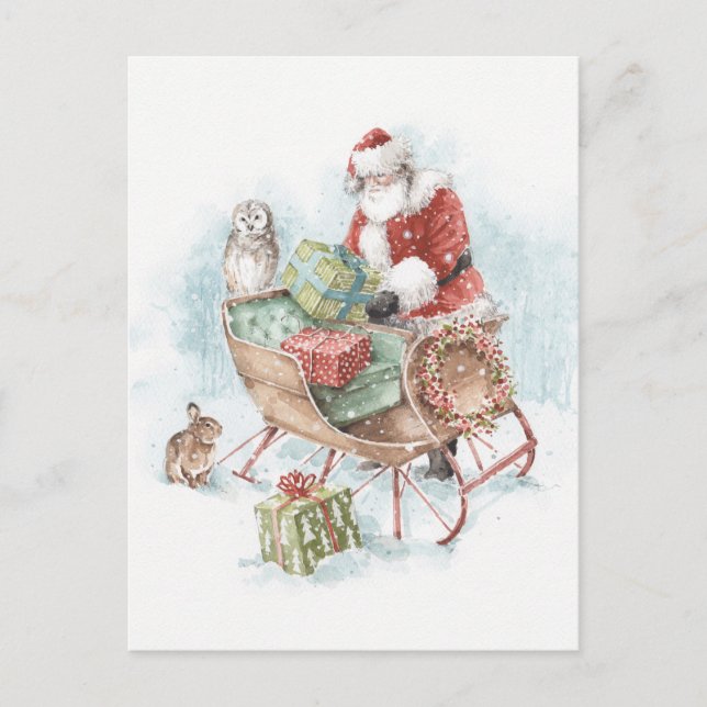 Woodland Animals with Santa Claus and His Sleigh Holiday Postcard (Front)