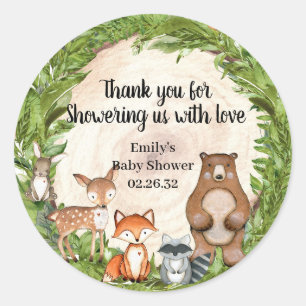 Woodland animals wood log slice greenery baby classic round sticker