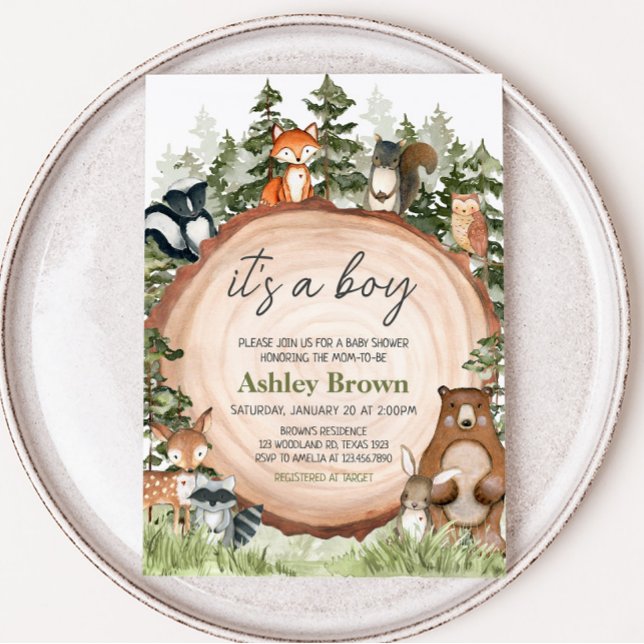 Woodland Animals Wood Slice Baby Shower Invitation (Boy Woodland Animals Baby Shower Invitation)