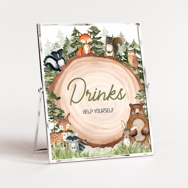 Woodland Animals Wood Slice Drinks Poster (Boy Woodland Animals Baby Shower Drinks Sign)