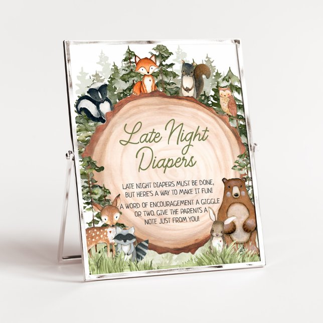 Woodland Animals Wood Slice Late Night Diapers Poster (Boy Woodland Animals Baby Shower Late Night Diapers Sign)