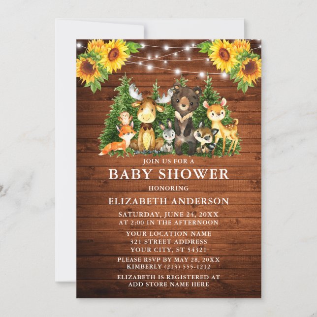 Woodland Animals Wood Sunflowers Lights Shower Invitation (Front)