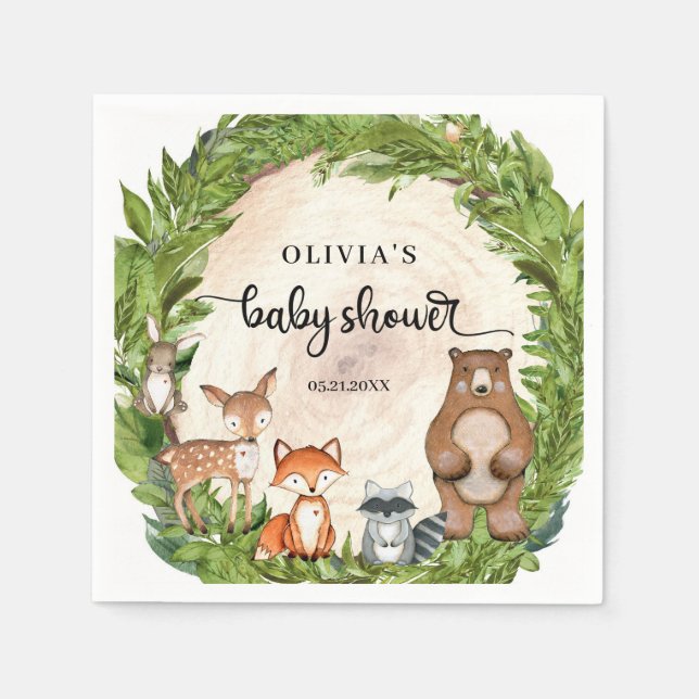 Woodland animals wooden slice greenery Baby shower Napkin (Front)