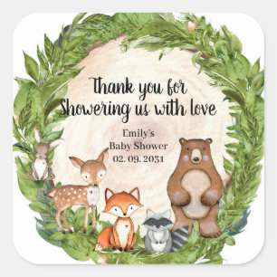 Woodland animals wooden slice greenery baby square sticker