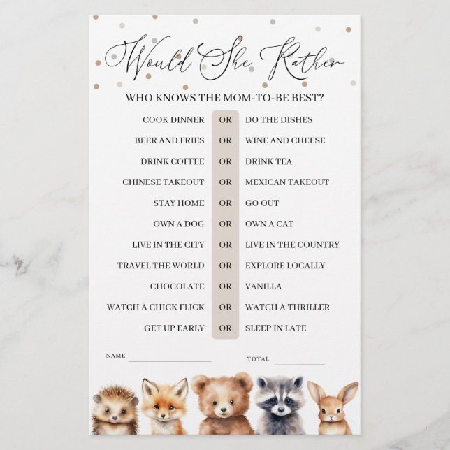 Woodland Animals Would She Rather Baby Shower Game (Front)