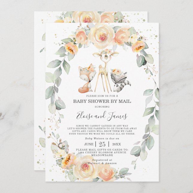 Woodland Animals Yellow Floral Baby Shower by Mail Invitation (Front/Back)