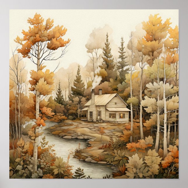 Woodland Art Cosy Cabin Woods Painting Poster (Front)
