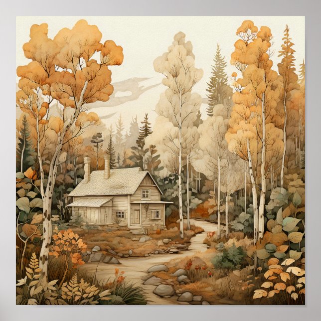 Woodland Art Cosy Cabin Woods Painting Poster (Front)