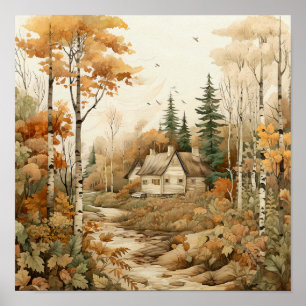 Woodland Art Cozy Cabin Woods Painting Poster