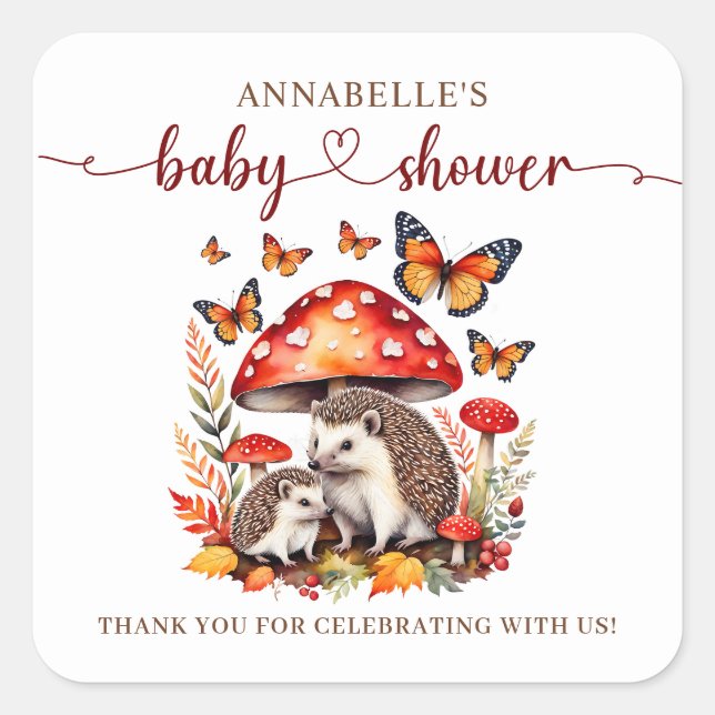 Woodland Autumn Hedgehog Baby Shower Square Sticker (Front)