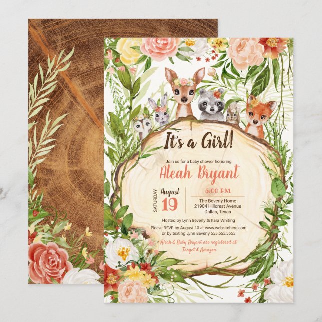 Woodland Baby Animals Forest Girl Baby Shower Invitation (Front/Back)