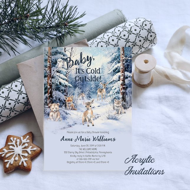 Woodland Baby Animals Winter Boy Baby Shower Acrylic Invitations (Baby, It's Cold Outside Woodland Animals Blue Boy Baby Shower Acrylic Invitations)