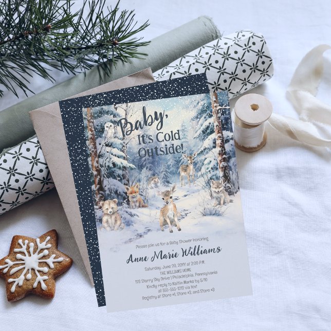 Woodland Baby Animals Winter Boy Baby Shower Invitation (Blue Rustic Woodland Animals Baby It's Cold Outside Boy Baby Shower Invitation)