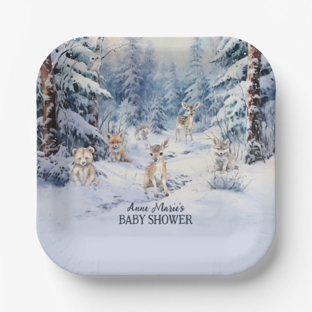 Woodland Baby Animals Winter Boy Baby Shower Paper Plate (Front)