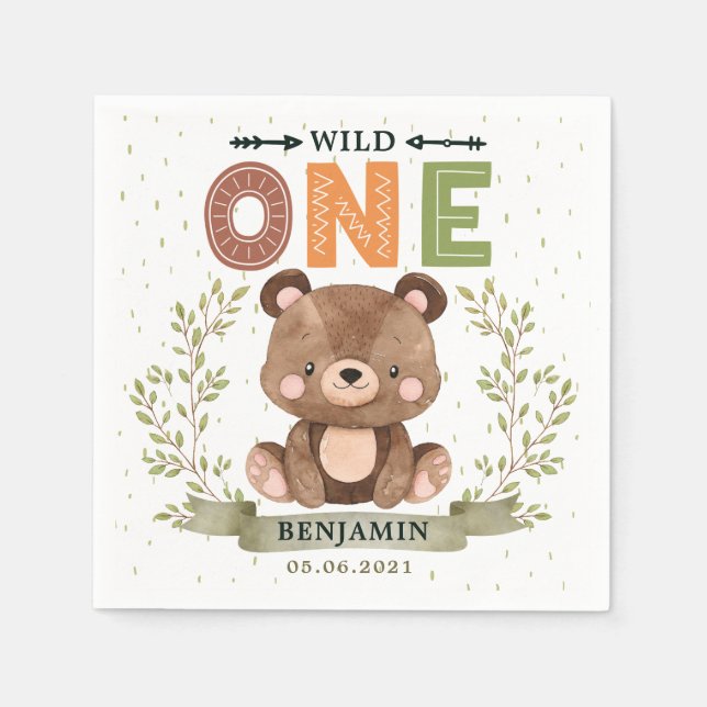 Woodland Baby Bear Wild One Birthday Napkins (Front)