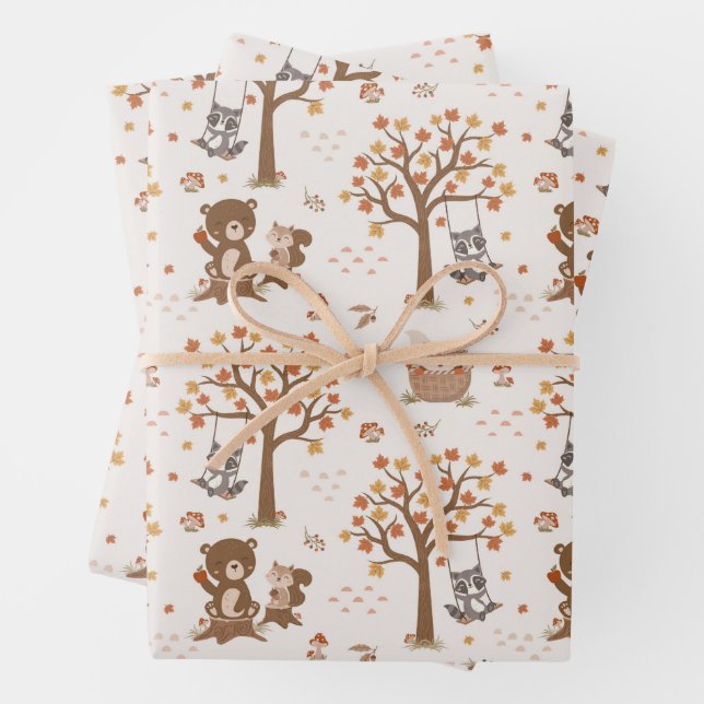 Woodland Baby Bears Squirrels Racoon Baby Shower  Wrapping Paper Sheet (In situ)