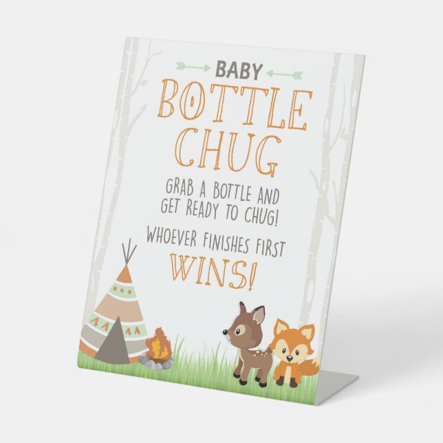 Woodland Baby Bottle Chug Shower Game Party Sign (Front)