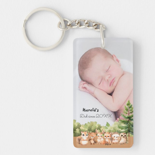 Woodland Baby Boy Photo Name Dad Since Key Ring (Front)