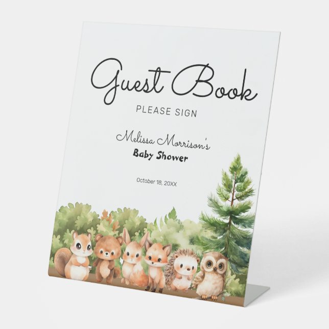 Woodland Baby Boy Shower Guest Book Pedestal Sign (Front)