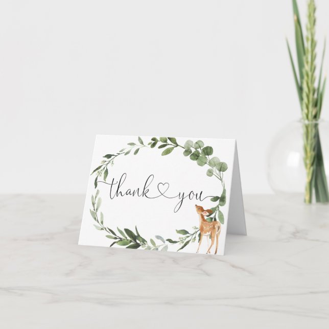 Woodland baby deer greenery eucalyptus thank you card (Front)