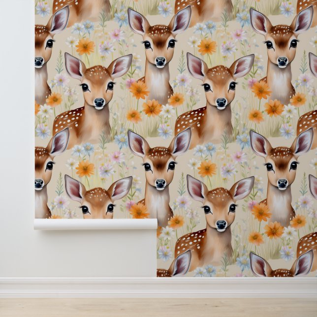 Woodland Baby Deer in a Floral Field Wallpaper (Application)