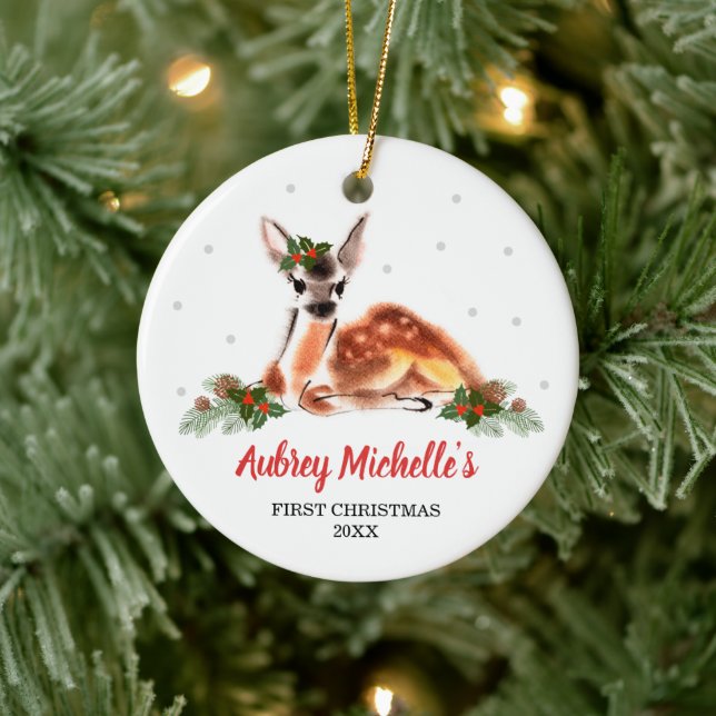 Woodland Baby Deer Personalised First Christmas Ceramic Tree Decoration (Tree)