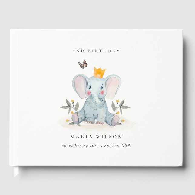 Woodland Baby Elephant Foliage Any Age Birthday Guest Book (Front)