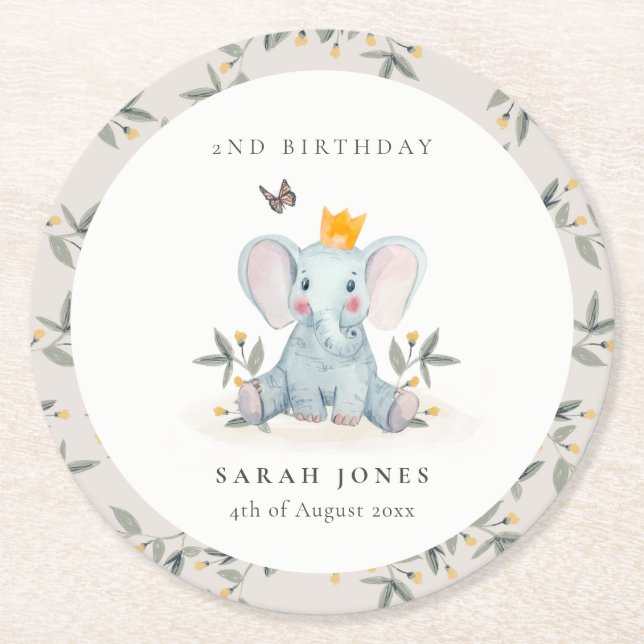 Woodland Baby Elephant Foliage Any Age Birthday Round Paper Coaster (Front)