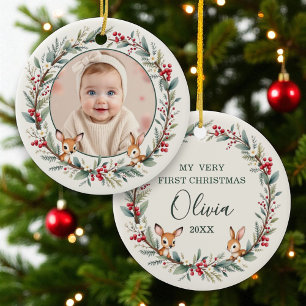 Woodland Baby First Christmas Personalised Photo Ceramic Tree Decoration