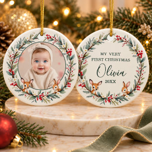 Woodland Baby First Christmas Personalised Photo Ceramic Tree Decoration