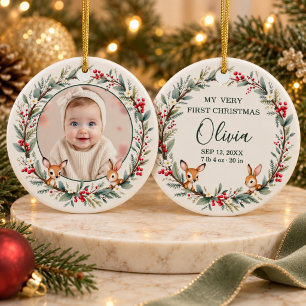 Woodland Baby First Christmas Photo Ceramic Tree Decoration