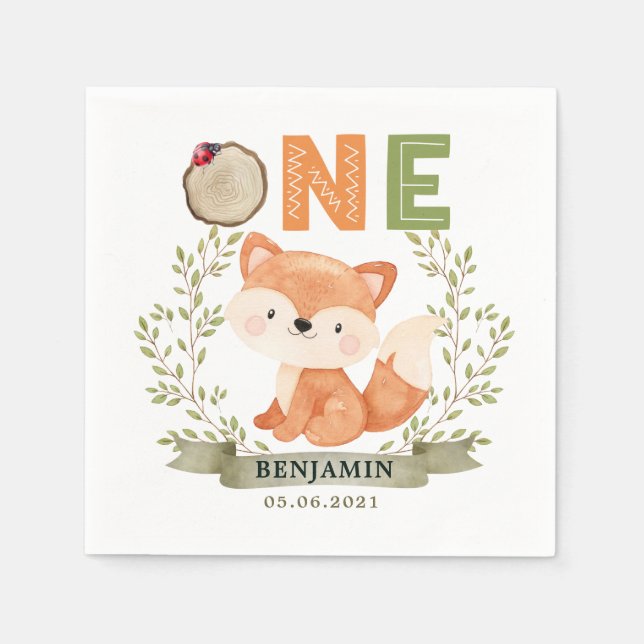 Woodland Baby Fox 1st Birthday Paper Napkin (Front)