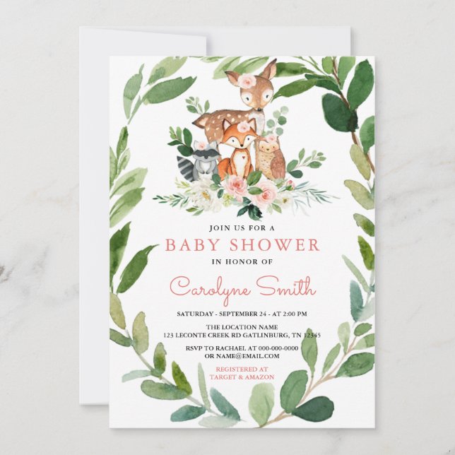 Woodland Baby Girl Baby Shower Invitation (Front)