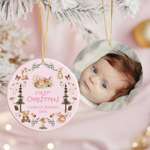 Woodland Baby Girl First Christmas Photo Ornament