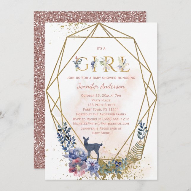 Woodland Baby Girl Shower Invitation (Front/Back)