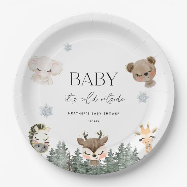 Woodland Baby It's Cold Outside Baby Shower Paper Plate (Front)