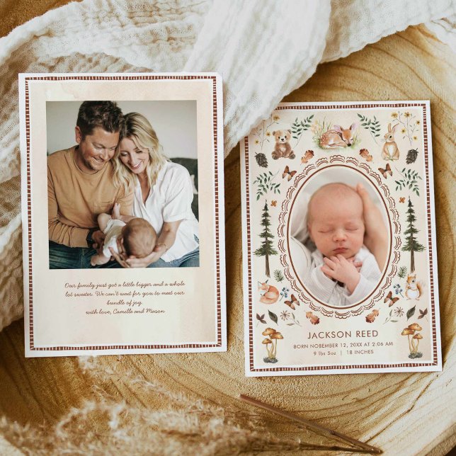 Woodland Baby Photo Birth Announcement  (Forest Boy Baby Announcement Card)