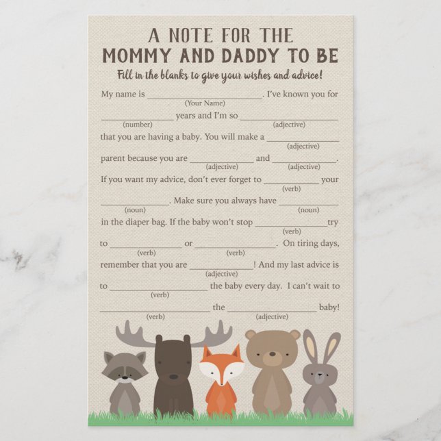 Woodland Baby Shower Advice Game Cards (Front)
