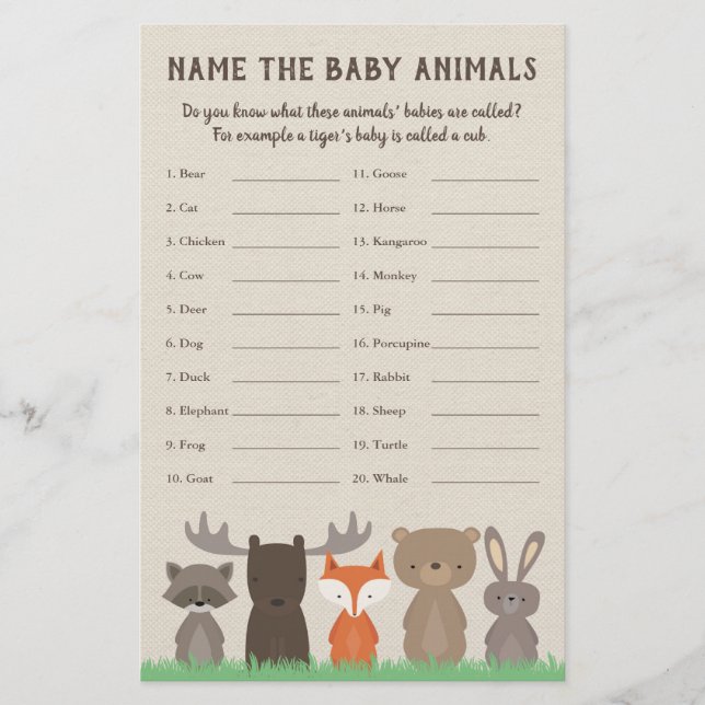 Woodland Baby Shower Baby Animal Name Game (Front)