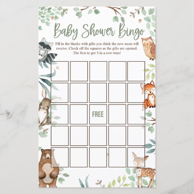 Woodland Baby Shower Bingo Cards (Front)