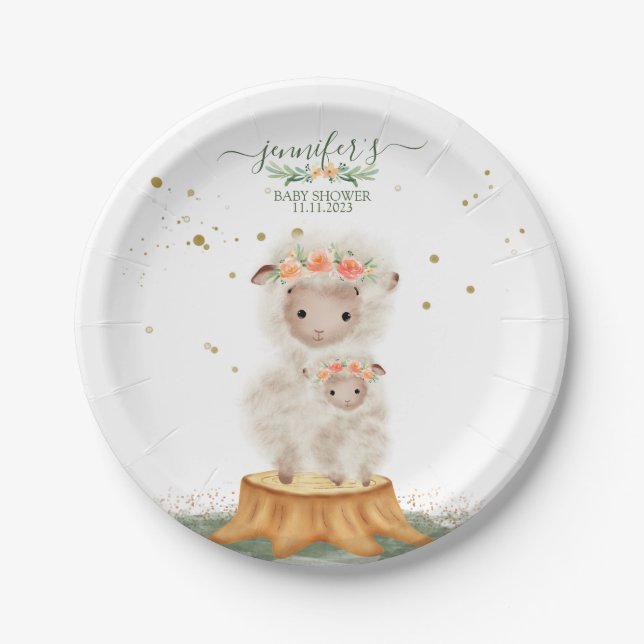 Woodland baby shower celebration party Sheep Paper Plate (Front)