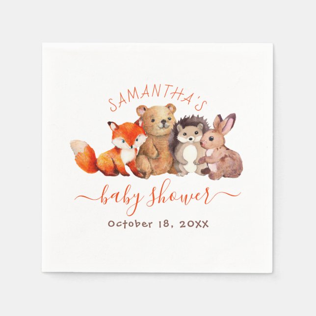 Woodland Baby Shower Cute Animals Red Handwriting  Napkin (Front)