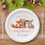 Woodland Baby Shower Cute Forest Animal Red Script Paper Plate<br><div class="desc">For a baby shower with Woodland theme. On the front, it has some cute forest animals: a red fox, a brown bear cub, a hedgehog and a rabbit. above them, the name is written in red caps, as arched text. Under them, the words "baby shower" are written in a red...</div>
