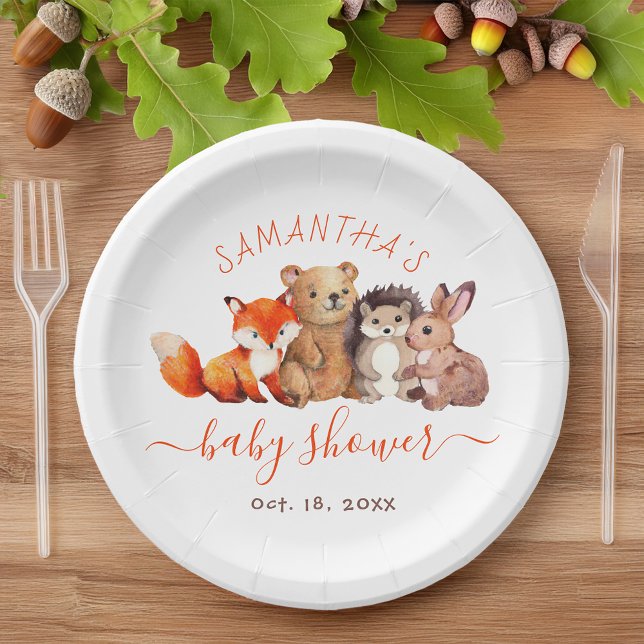 Woodland Baby Shower Cute Forest Animal Red Script Paper Plate (Creator Uploaded)